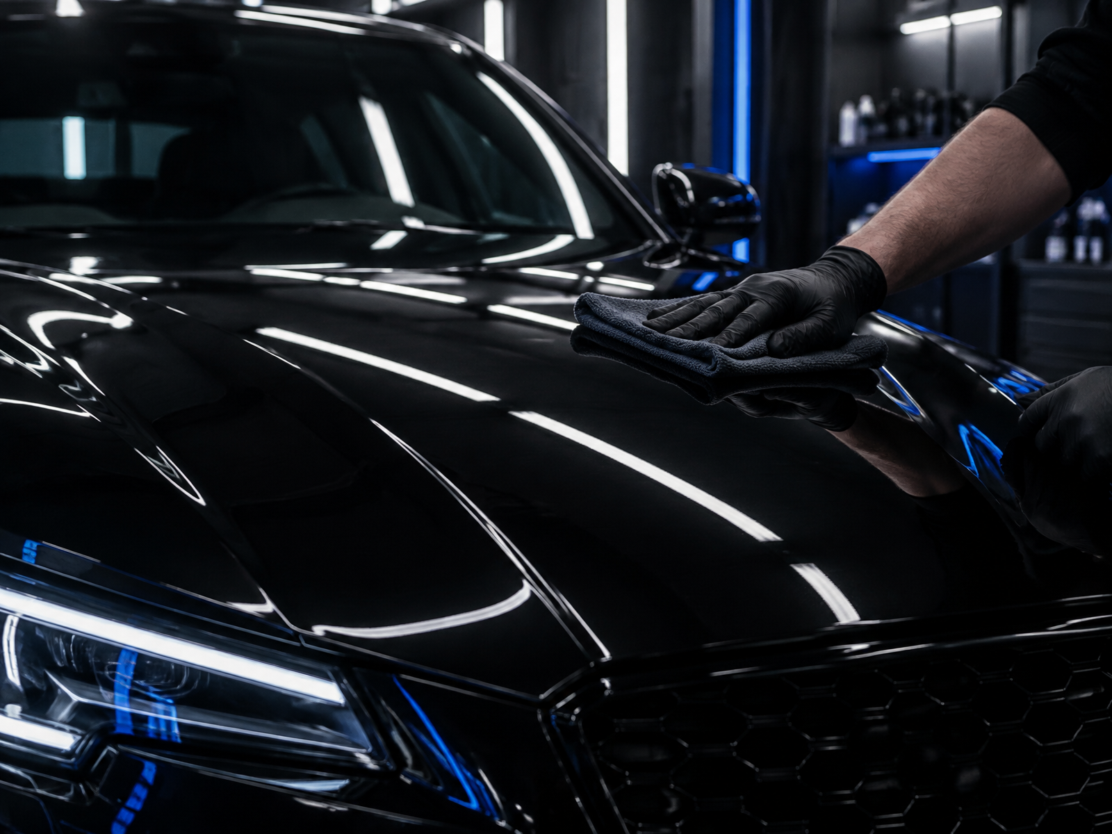 Detailer polishing the hood of a black vehicle